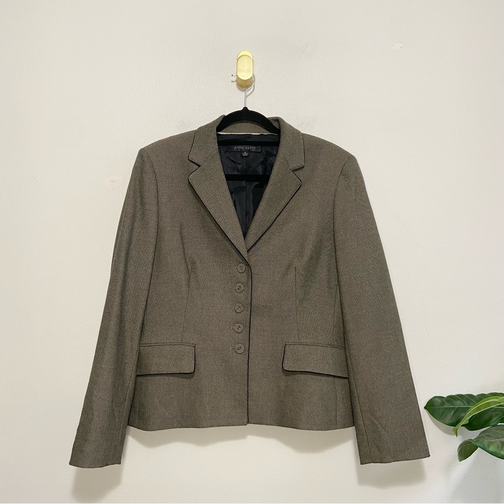 Anne Klein Suit Olive Micro Check Button Front Blazer Jacket
